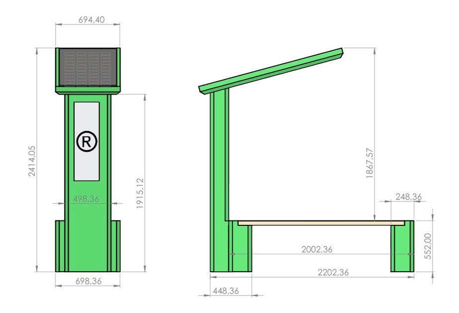 ChargeON teknik çizimi: ölçülendirilmiş ön görünüş (panel ve taşıyıcı gövde) ve yan görünüş (eğimli panel, oturma alanı ve ayaklar)